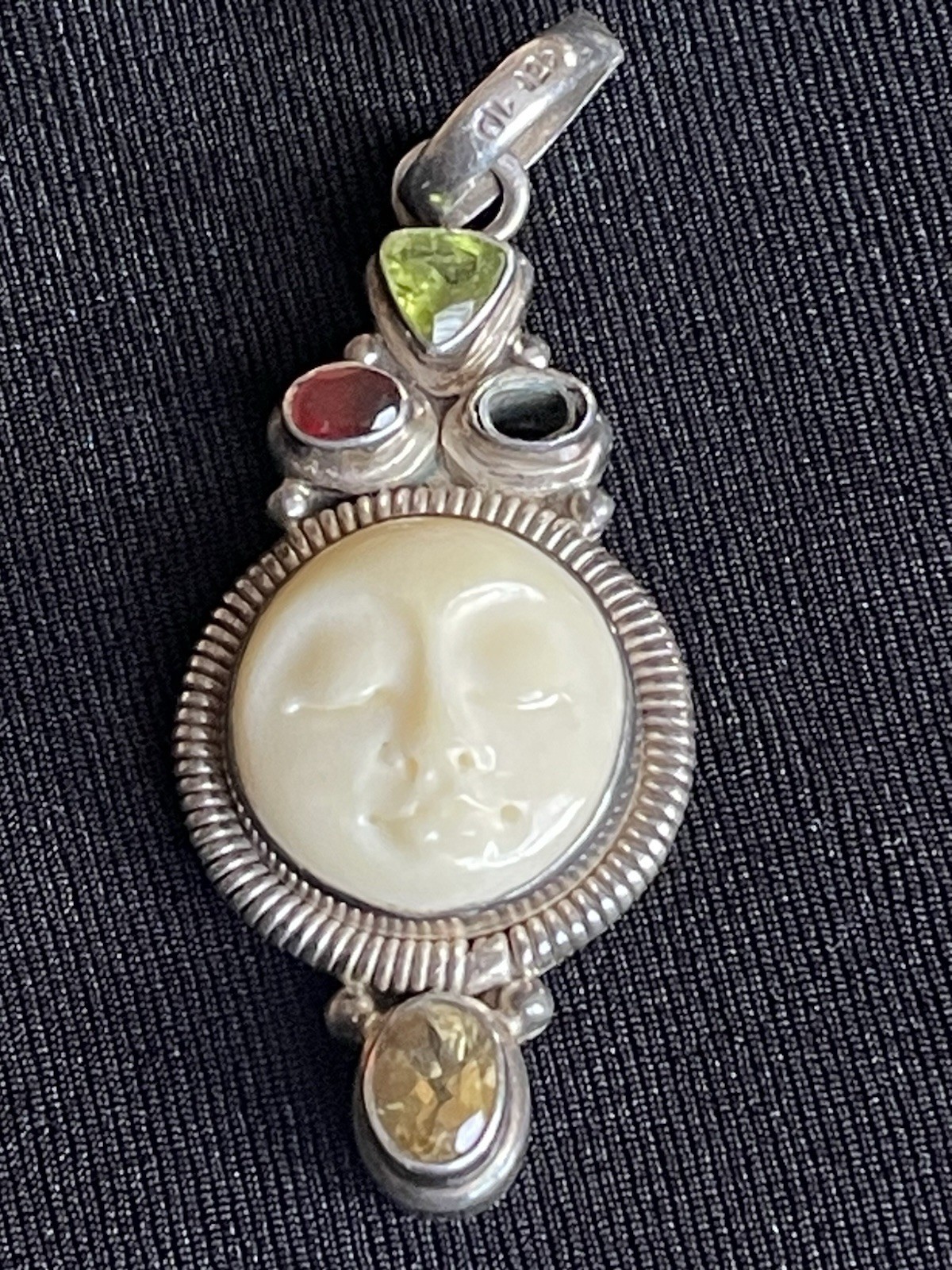 Moon Face Pendant With Gemstones. Missing 1 Stone. 925 Silver. Sajen Style.