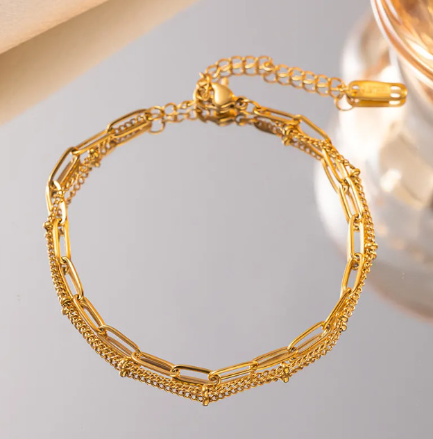 Double Layered Bracelet Stainless Steel Paperclip And Bead Chain Link Trendy
