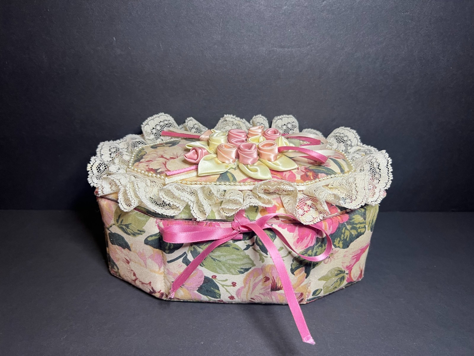 Vintage Ruffled Lace Ribbon & Floral Applique Fabric Octagon Jewelry Trinket Box