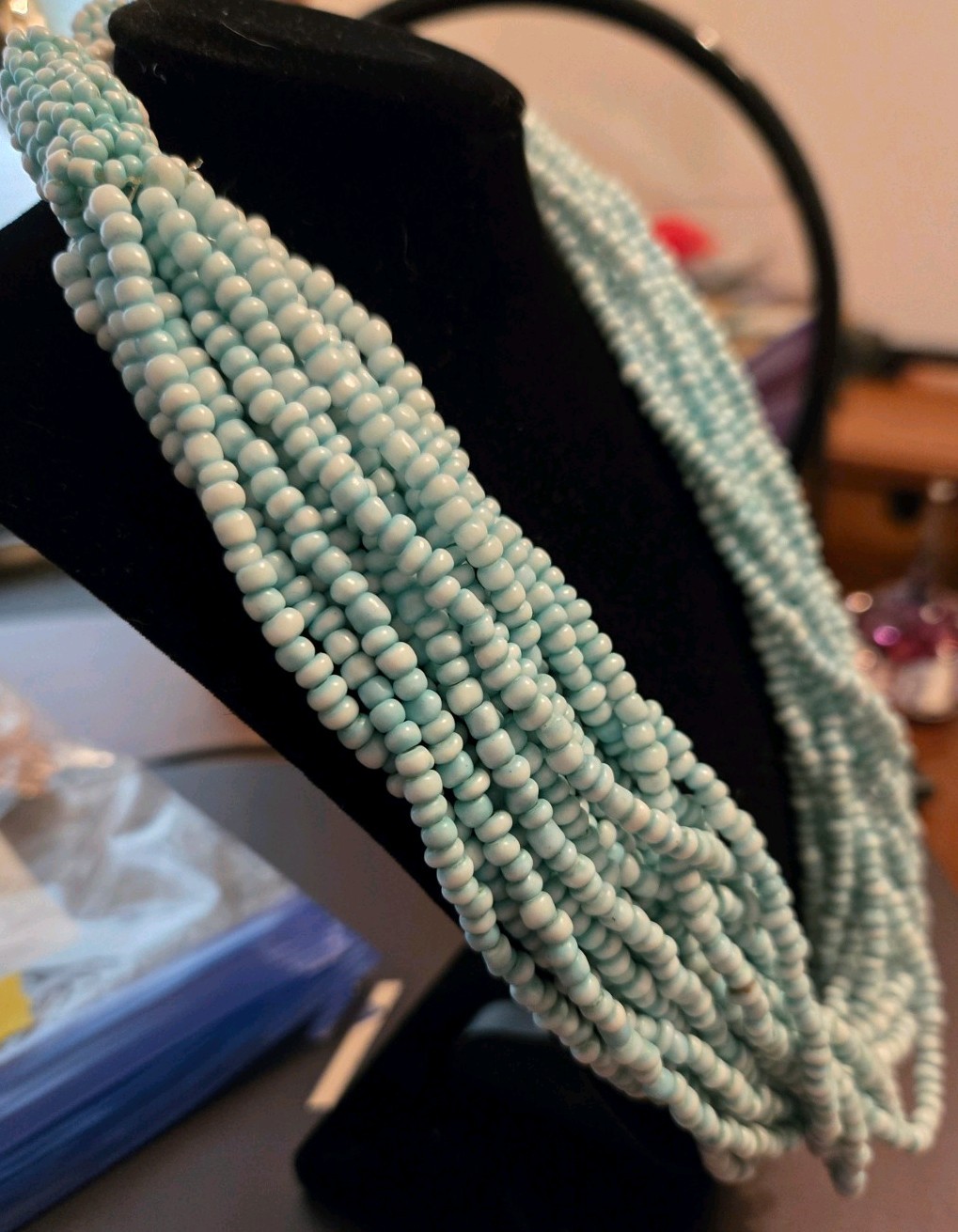 Vintage Multi Strand Light Blue Waterfall Seed Bead Statement Necklace