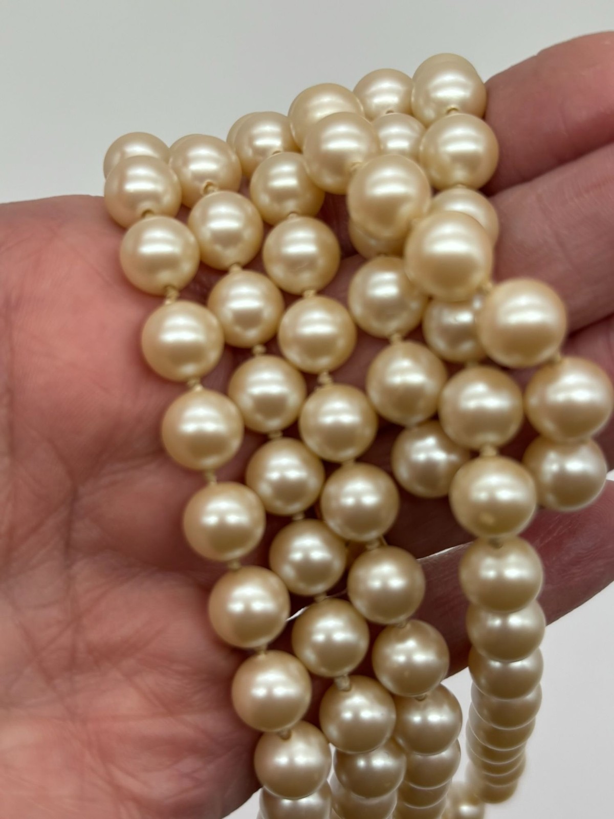 Vintage 10MM Faux Pearl Necklace Single Strand Opera Length Cream Color Unsigned