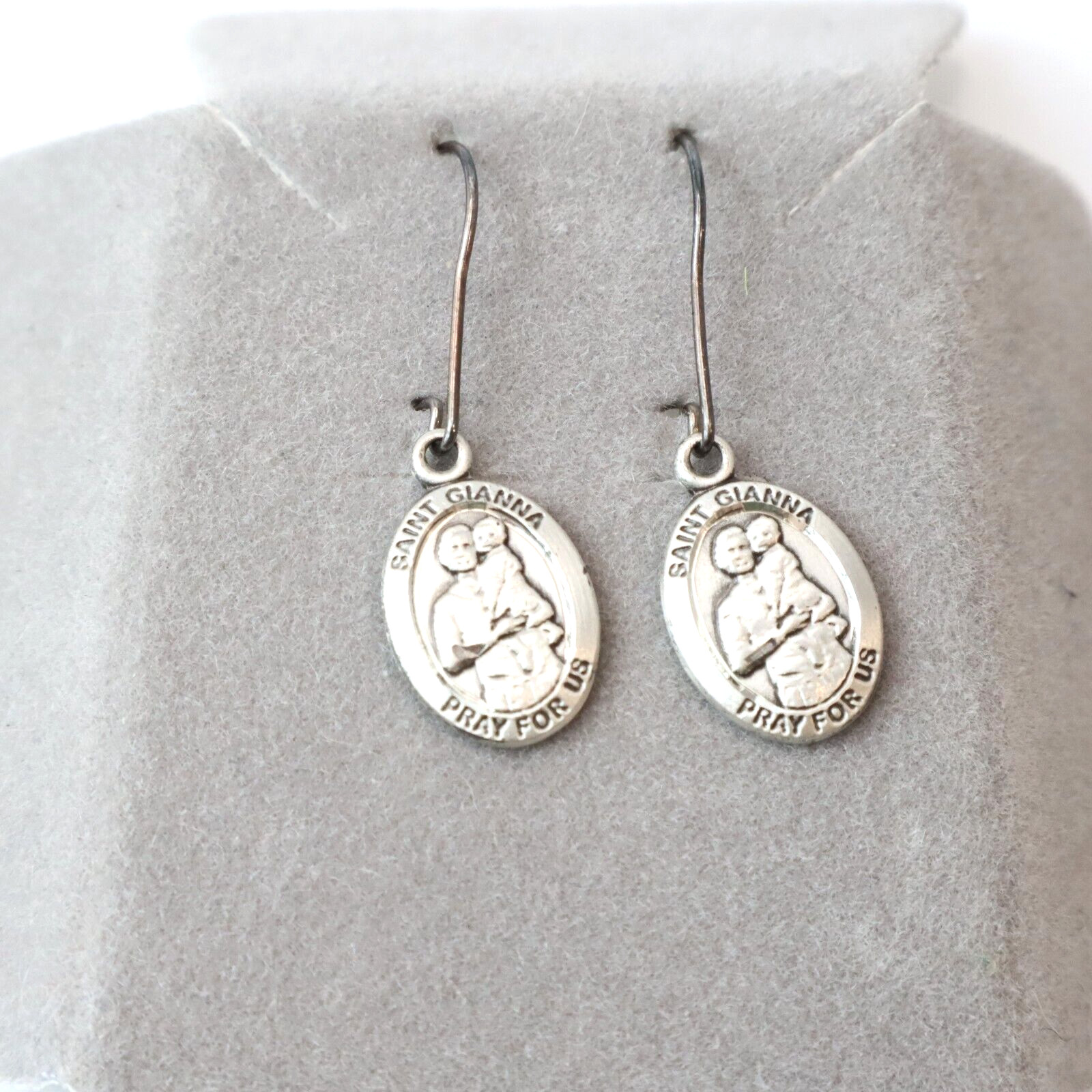 925 Sterling Bliss Vintage Saint Gianna Pray For Us Religious Medal Earrings