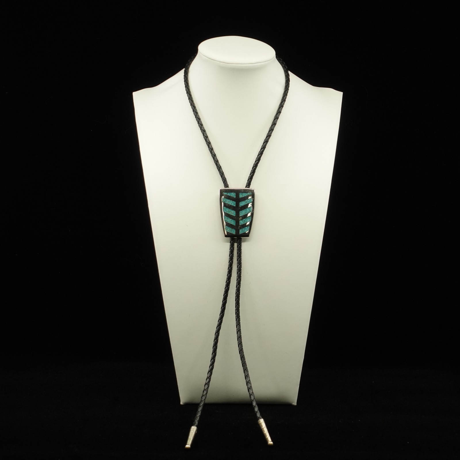 Bolo Tie | 70s Sterling Silver Chip Turquoise Mosaic Chevron Shield