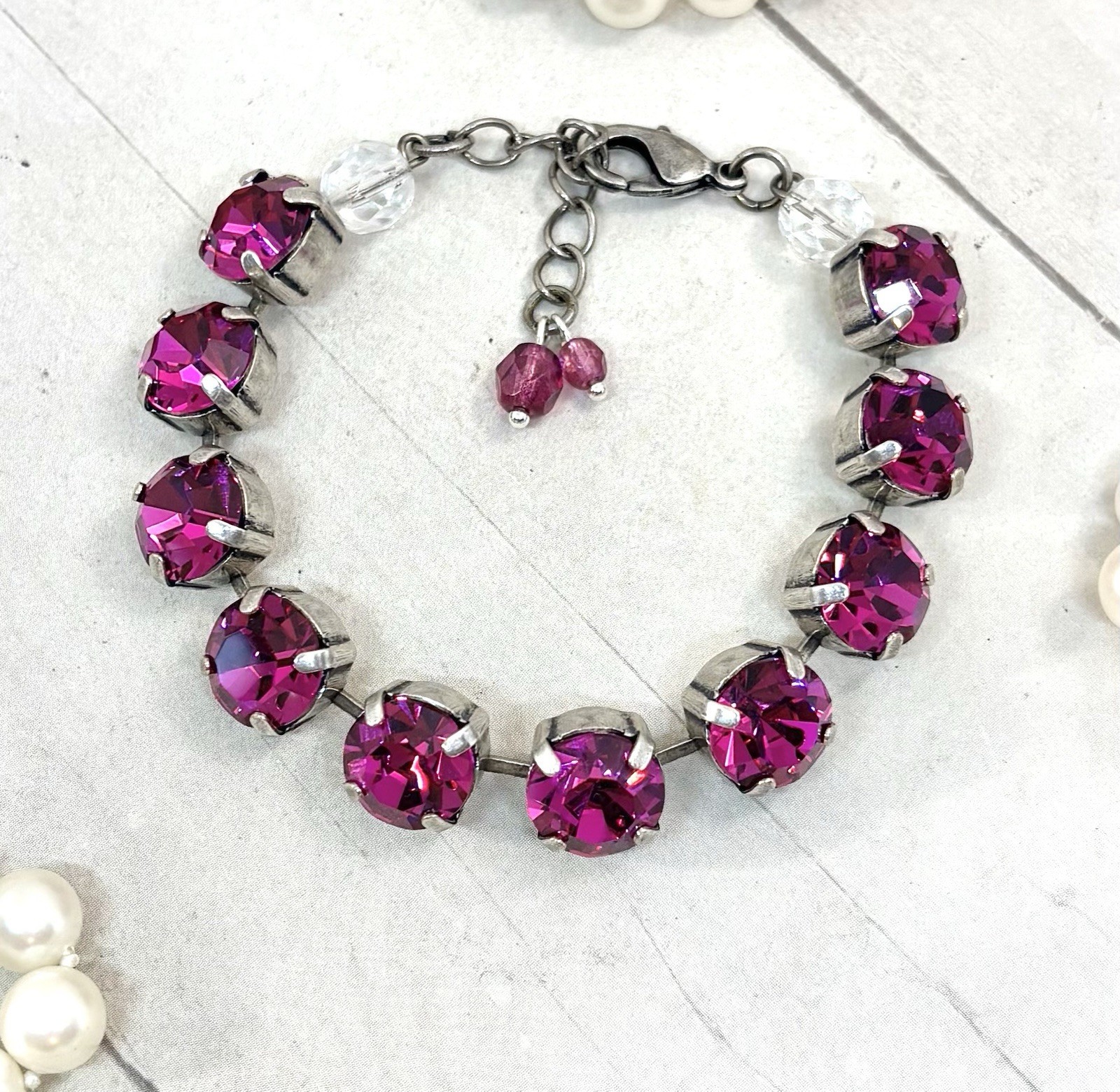 10mm Antique Silver Plated Fuchsia Pink Cup Chain Statement Bracelet