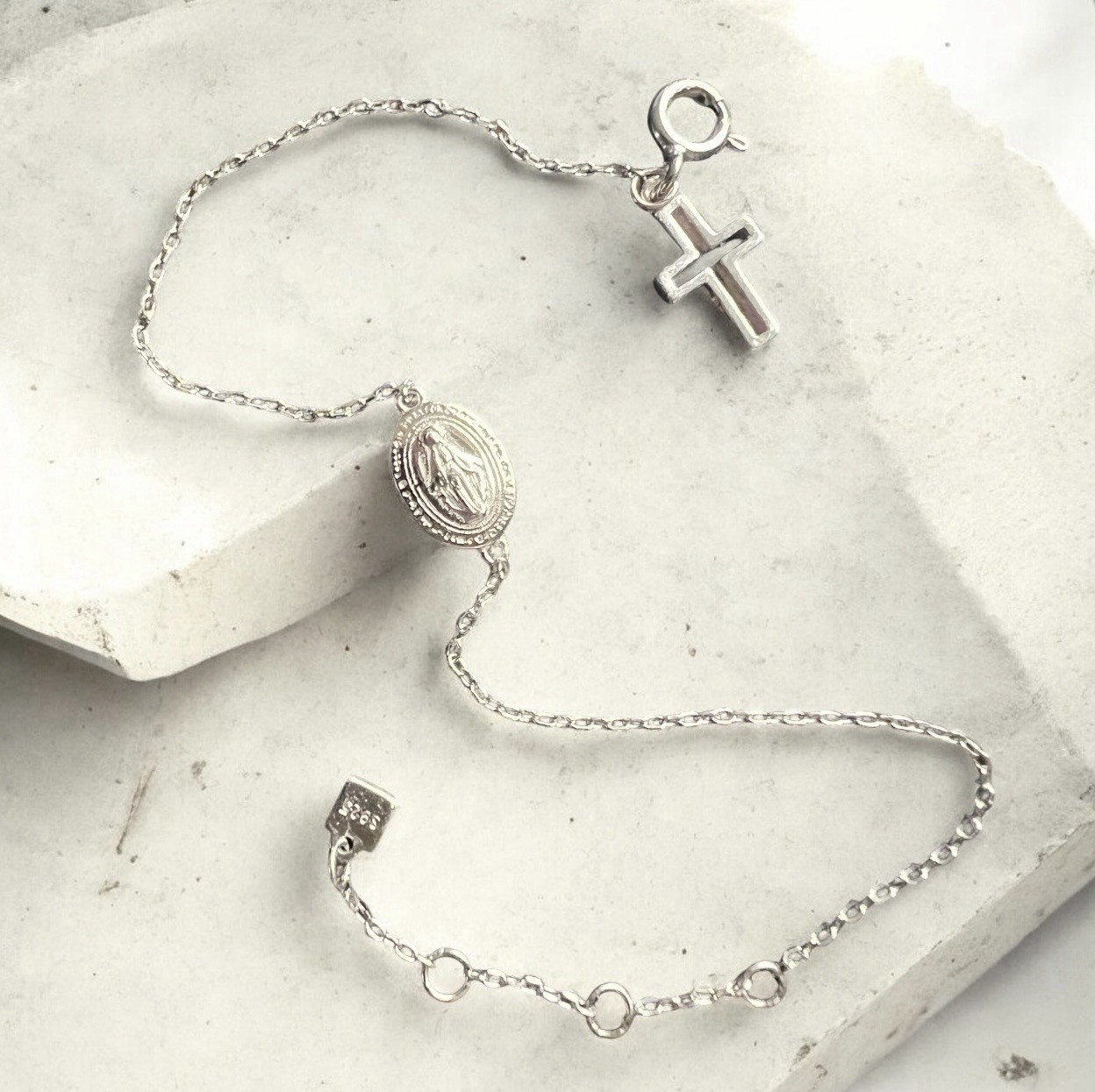 Miraculous Medal Bracelet Sterling 925 Silver + Cross Charm Adjusts 13 – 16cm