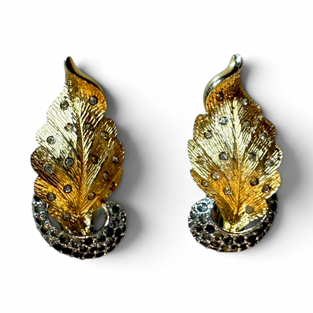 Gold & Silver Tone Metal Leaf Dangle Clip-On Earrings, Nature Leaves Theme