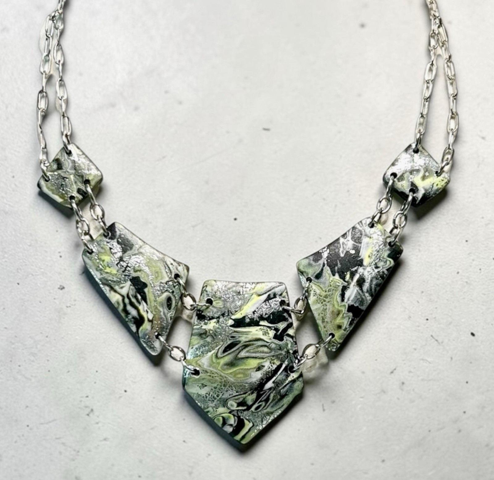 Green Black Silver Choker Style Handmade Polymer Clay Large Necklace SS Chain
