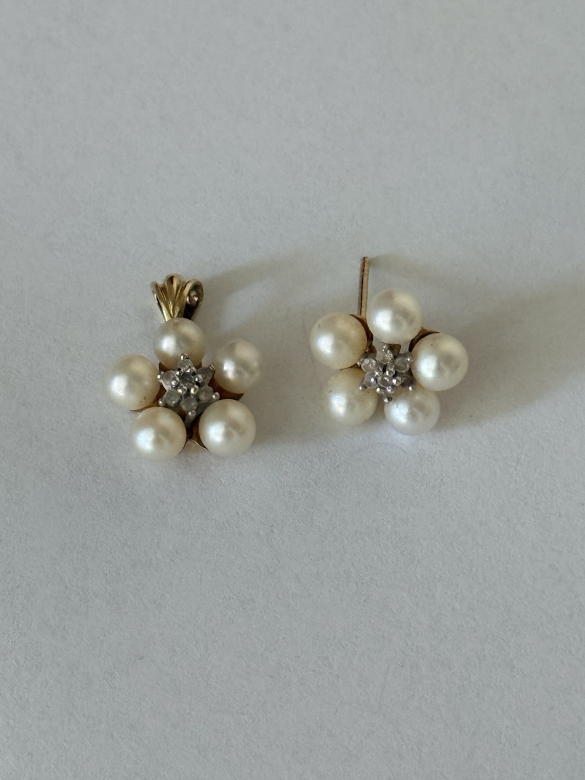 14k Yellow Gold Pearl Diamond Flower One Stud Earring One Pendant Simon’s 2 Gram