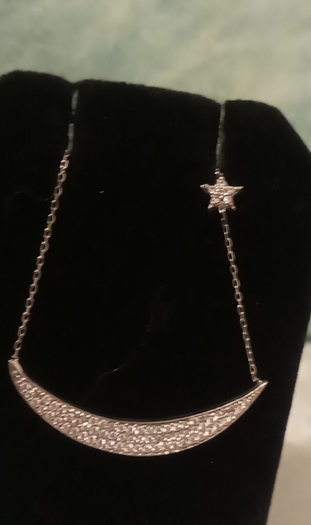 15″ MIDAS (925 Turkey) Sparkling Accented Moon & Floating Star Necklace Signed