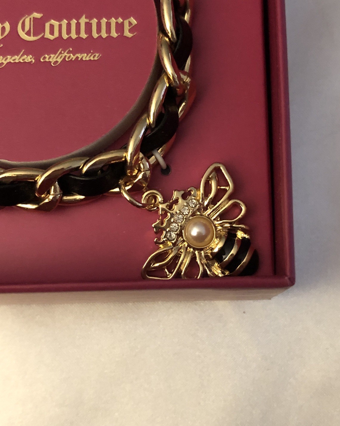 Juicy Couture Gold Tone & Woven Black Faux Leather Charm Bracelet Bee Charm NIB