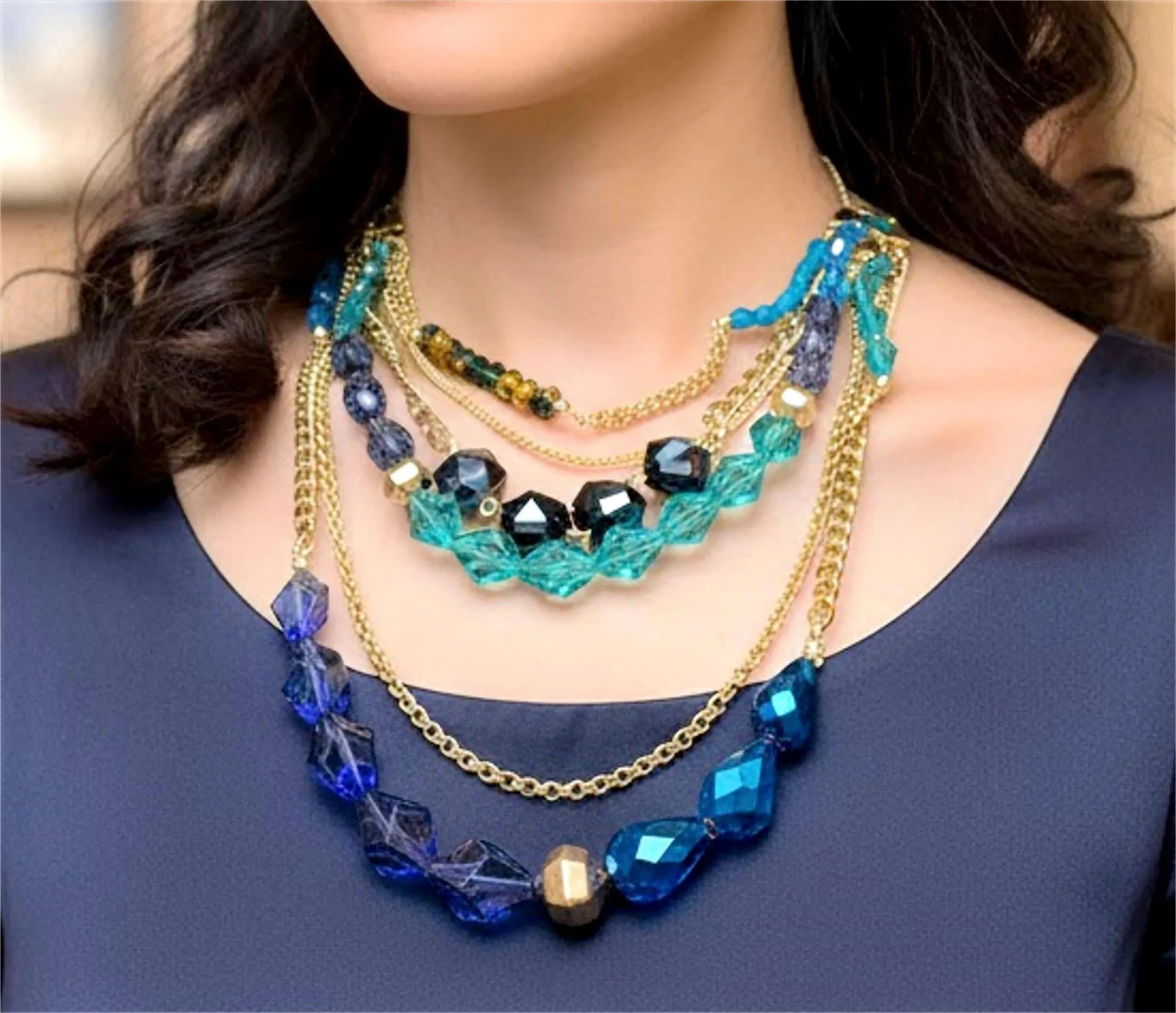 Teal Blue Multi‑Strand Statement Necklace • Six‑Tiered • 30″+3″ Ext 6880