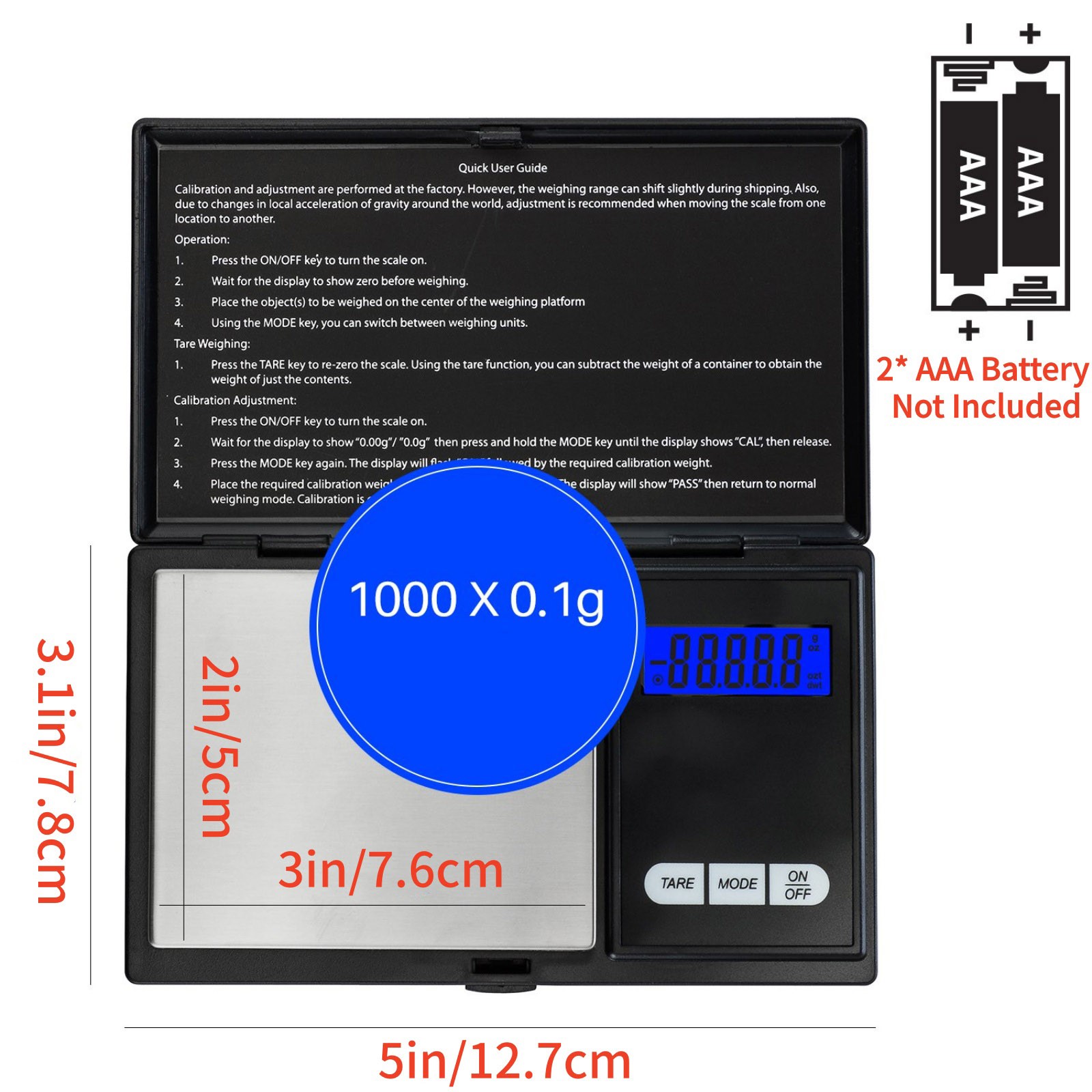 Digital Scale 1000g/0.1g Pocket Size with 6 Units Grams Ounces Grains Carats