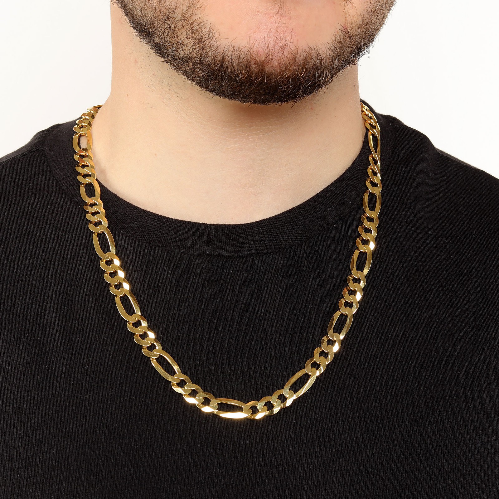 Sterling Silver Yellow Gold Plated 10mm Flat Figaro Chain Necklace 20-26 Inches