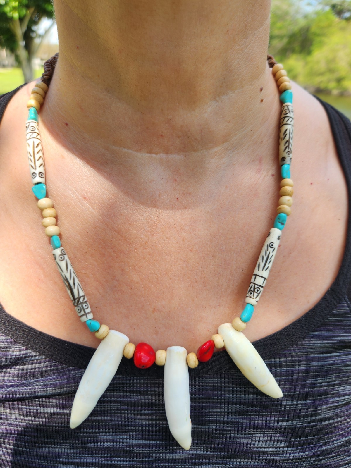 Warrior Shaman style three teeth real Alligator tooth bones turquoise coral