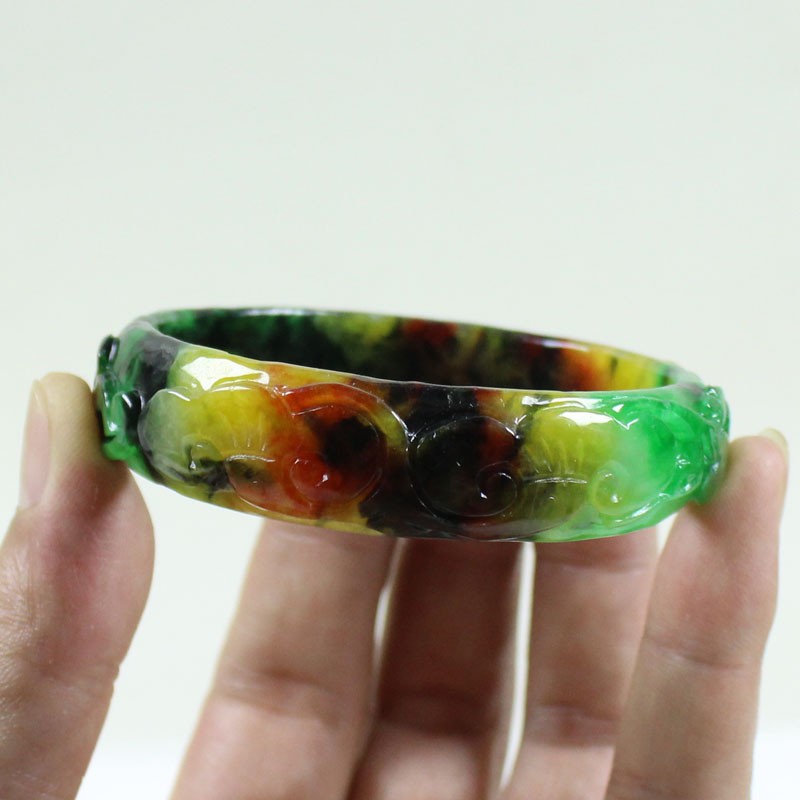 61mm Real Natural Ice Multicolor Burmese Jade jadeite Carving Bracelet Bangle