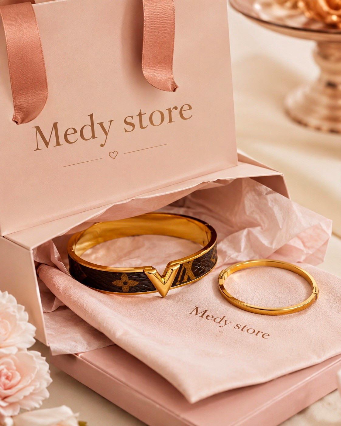 MEDY Gold Tone Bangle Bracelet Set Brown/Black Monogram Design Stainless Steel