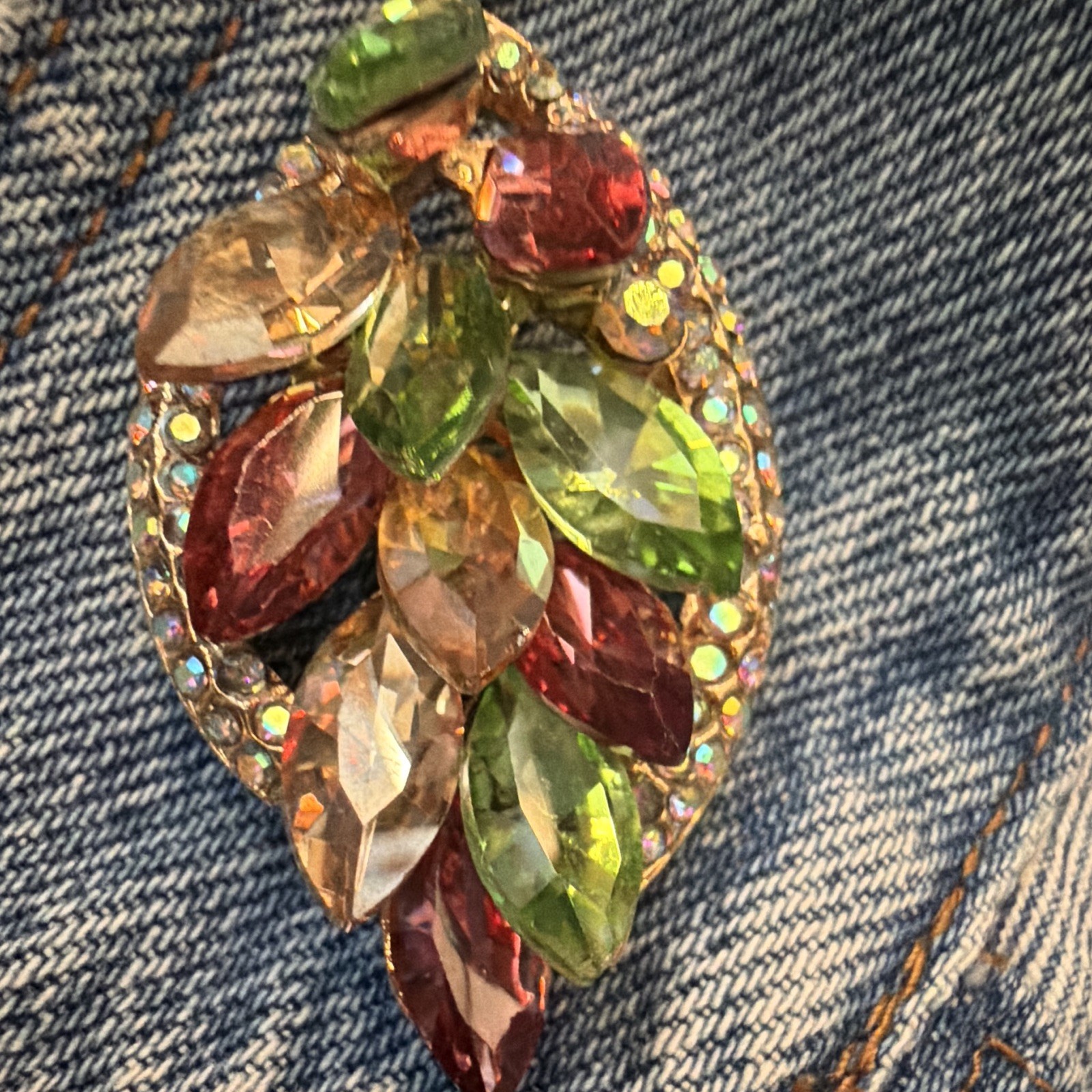 Gold Tone Leaf Brooch Pin Green Red Champagne Marquise Crystal Rhinestones