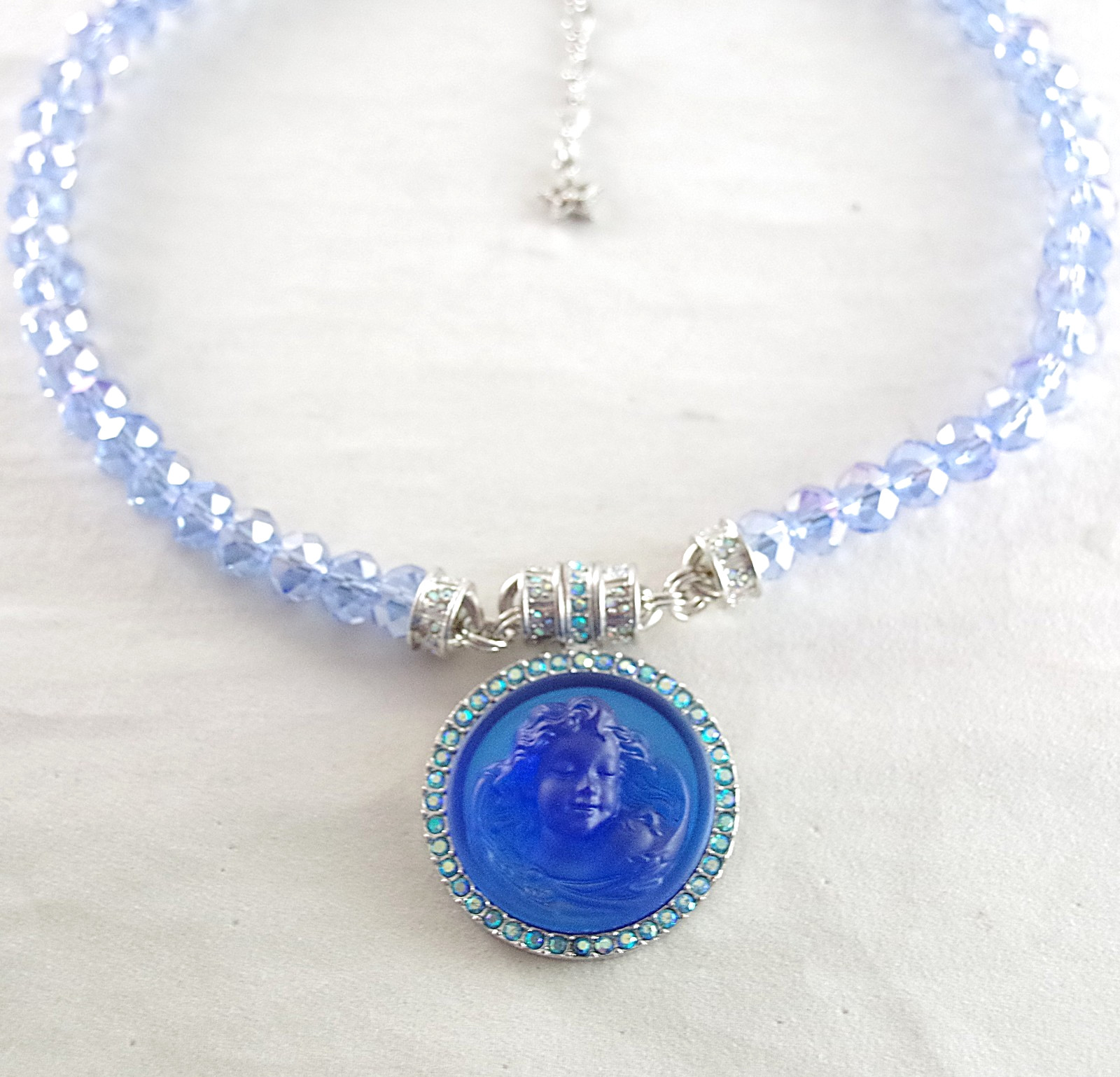 KIRKS FOLLY MAGNETIC CRYSTAL RHINESTONE BLUE ANGEL GODDESS SILVER TONE NECKLACE