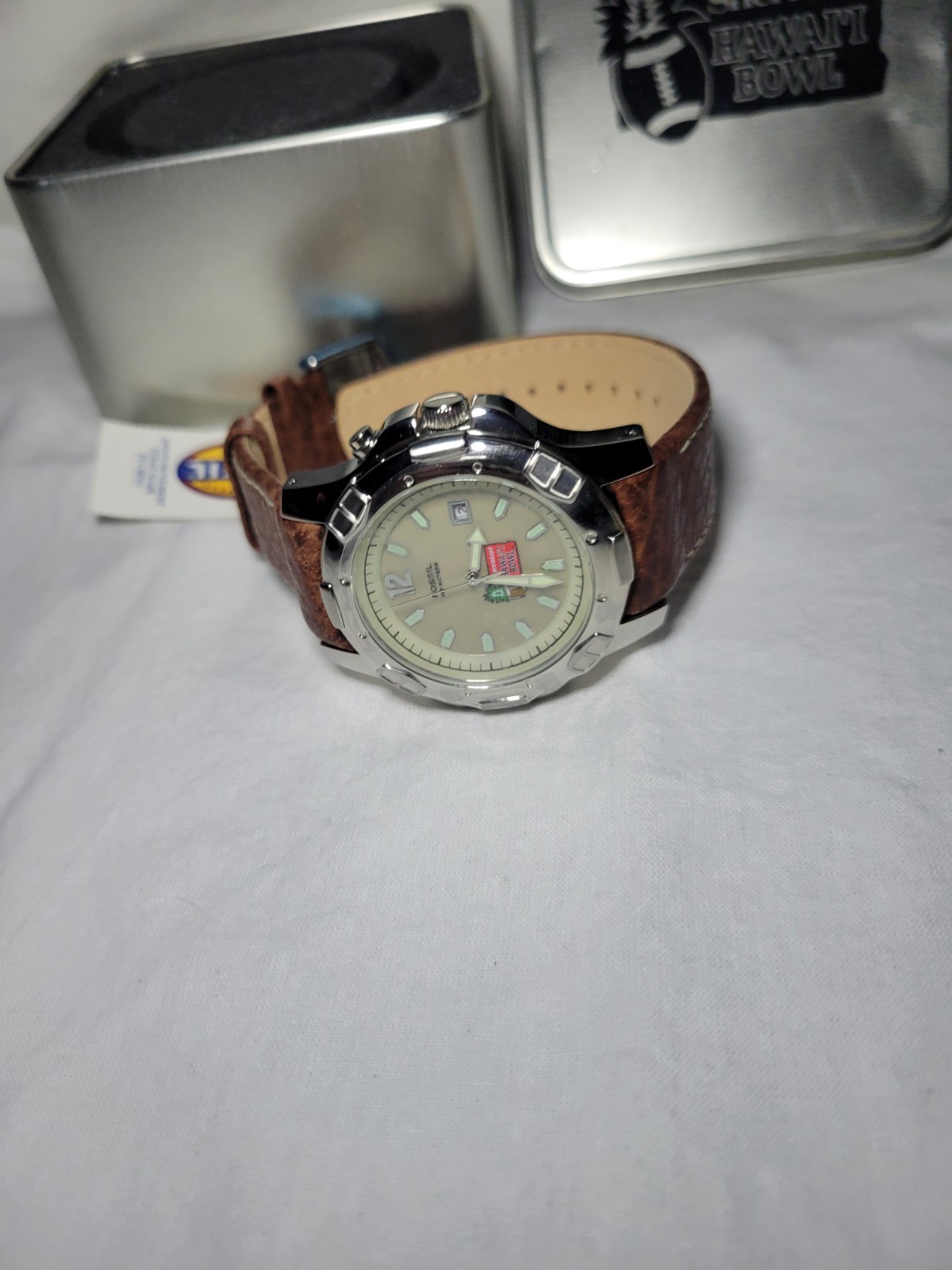 Vintage SHERATON HAWAII BOWL FOSSIL WATCH PR-5066 BROWN LEATHER BAND