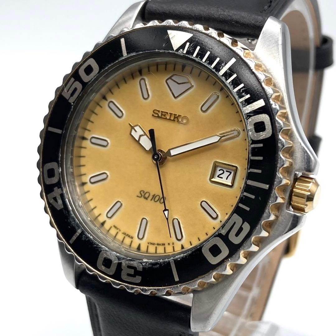 Seiko SQ100 V742-8A00 Divers Wristwatch Yellow Dial Stainless Steel Black
