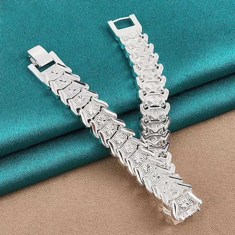 925 Sterling Silver Pattern Flower Wide Wristband Bracelet Chain Fashion Jewelry