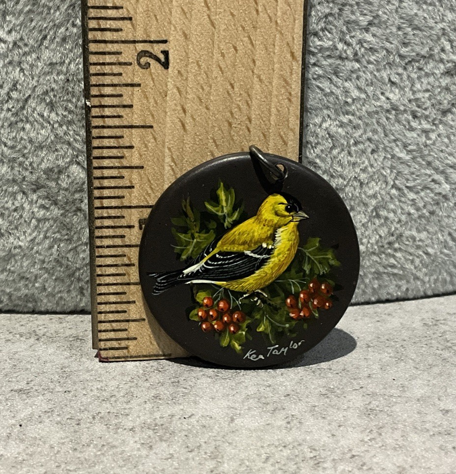 Vintage Ken Taylor Signed Hand Painted Yellow Goldfinch Bird Pendant Charm