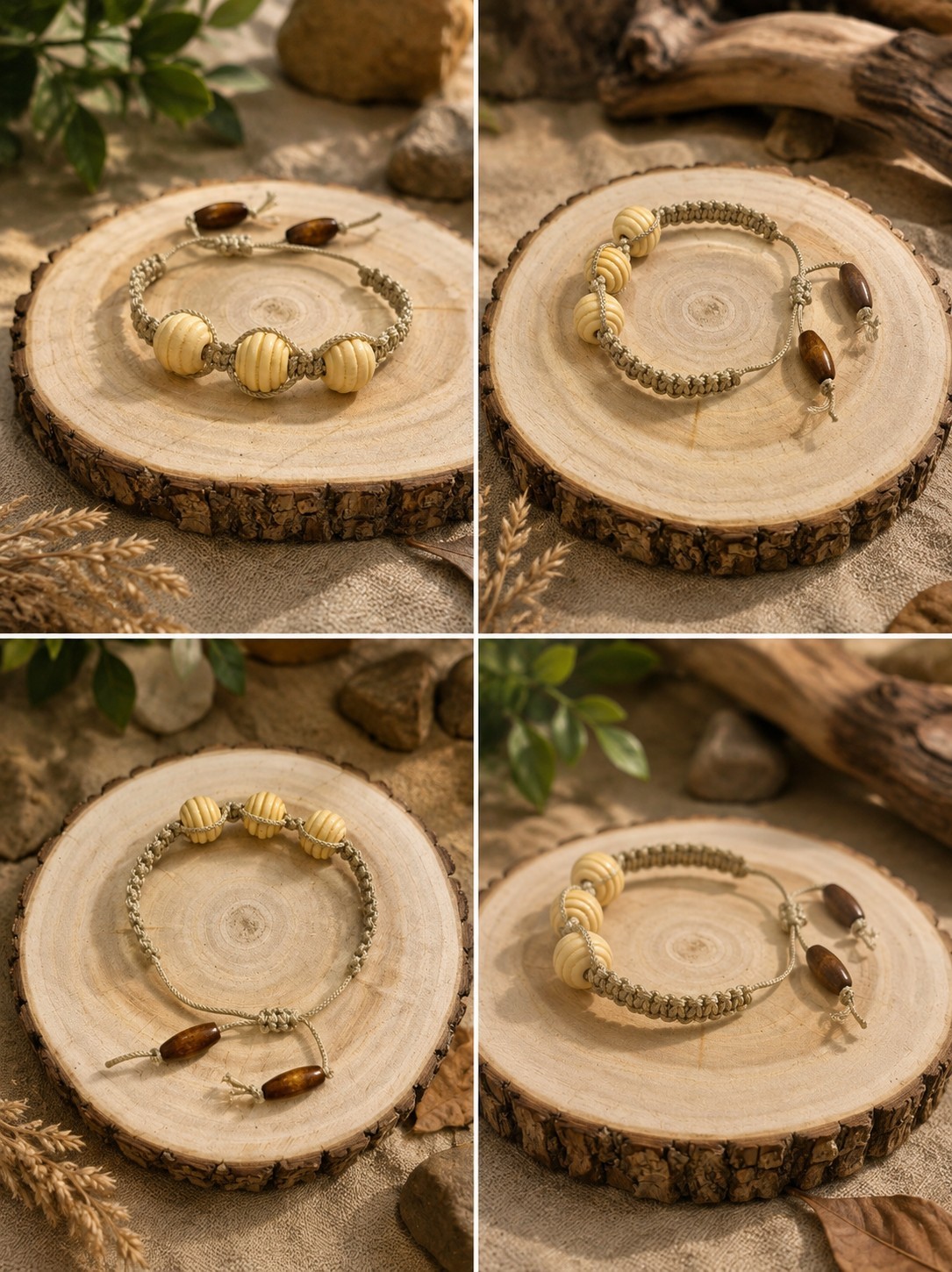Handmade Boho Macrame Bracelet anklet Adjustable Natural Wood Beaded Unisex