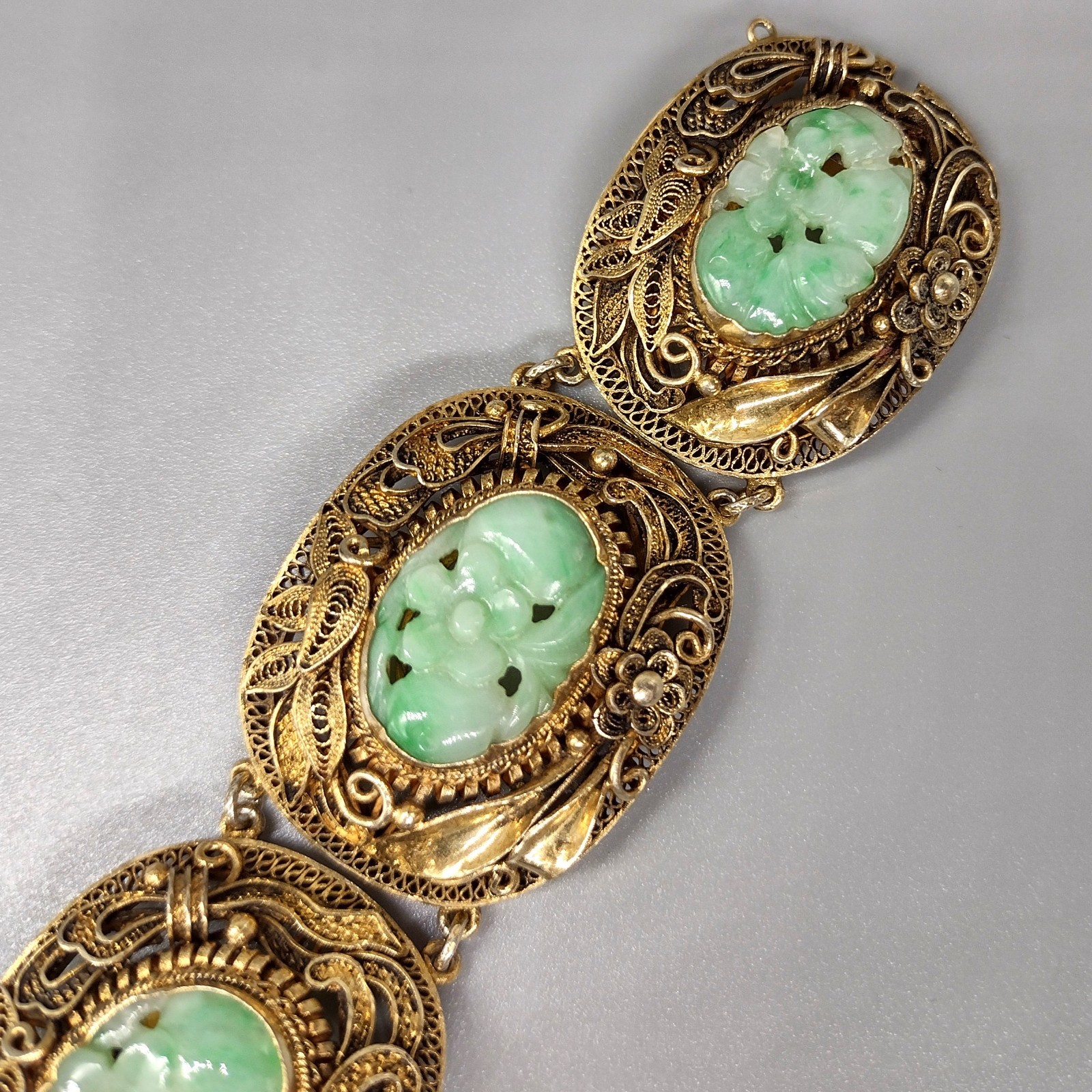 Chinese Export Carved Jade Gilt Silver Filigree Bracelet Vintage Antique Jewelry