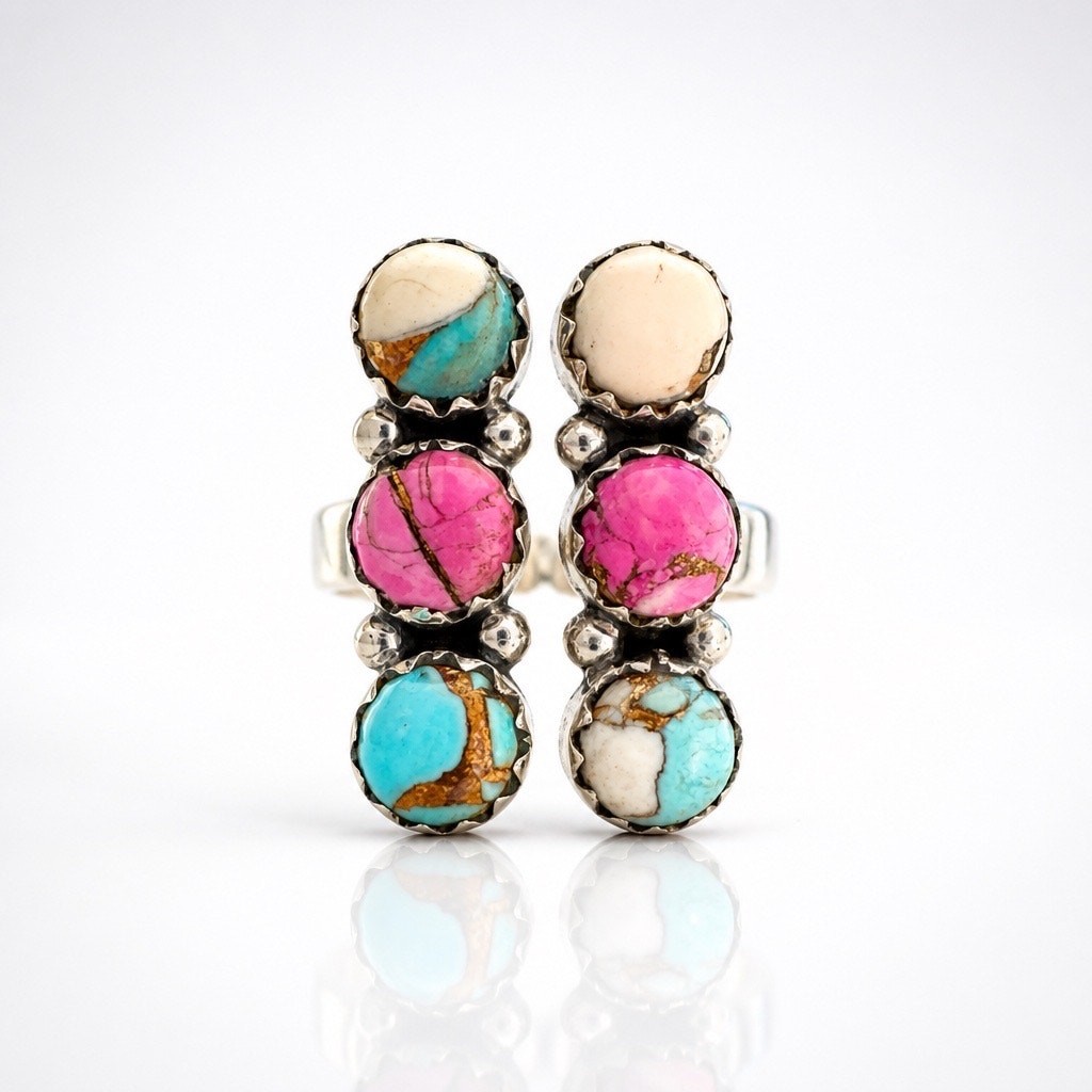 Cotton Candy Turquoise Cluster Rectangle Ring Size 8 Adjustable Sterling
