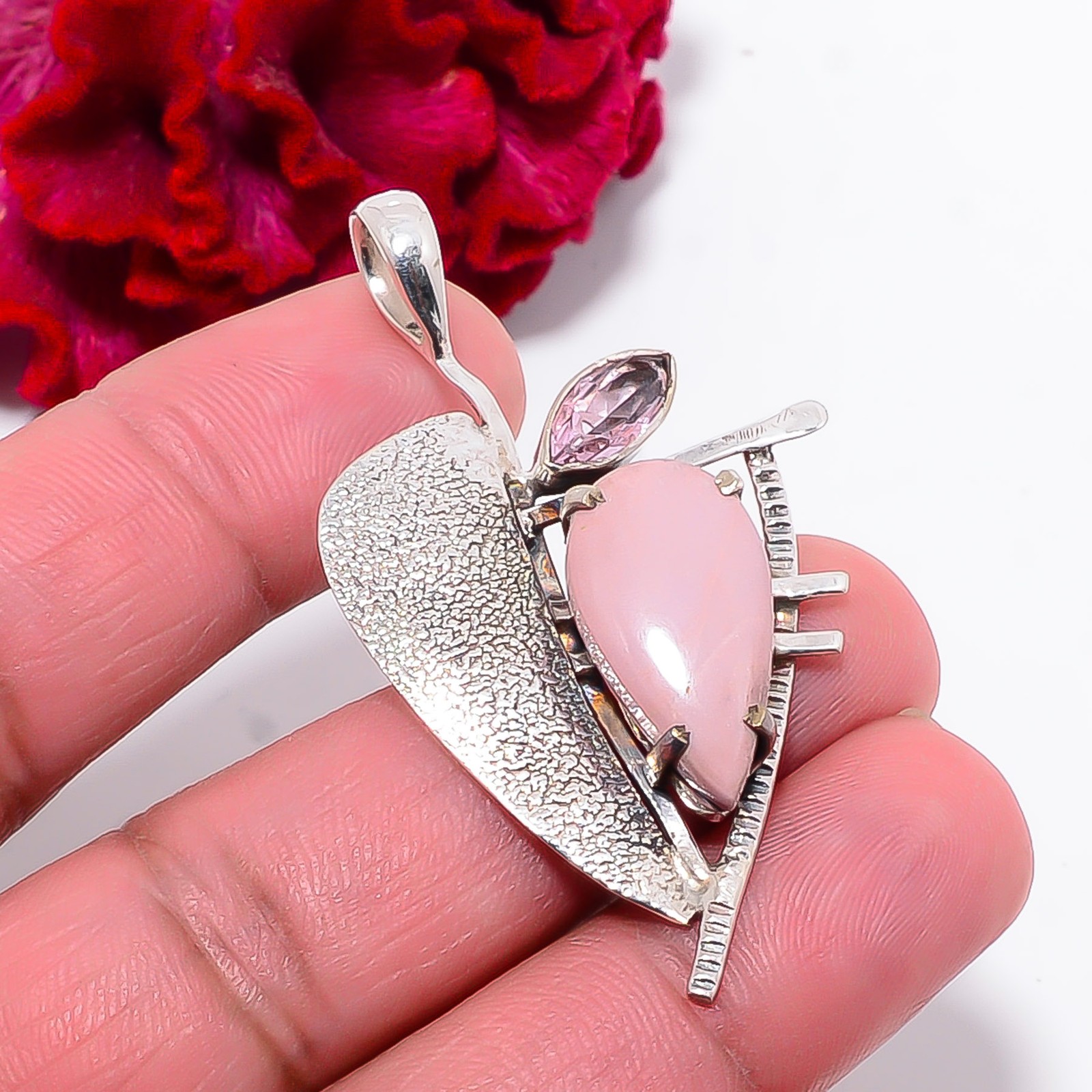 Pink Opal – Peru & Pink Kunzite Gemstone 925 Sterling Silver Pendant 2.03″ P2224