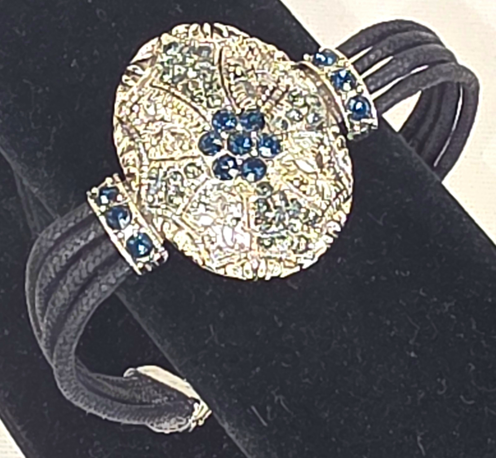 Silver Tone Black Multi Cord Cuff Bracelet w/ Round Blue Crystal Toggle