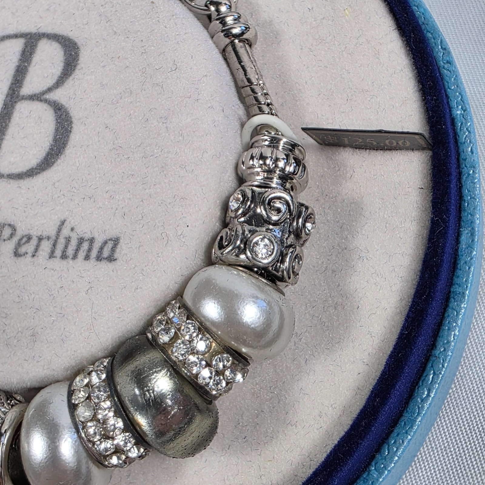 Bella Perlina Silver-Tone Charm Bracelet White Pearl Beads Crystal Accents NEW