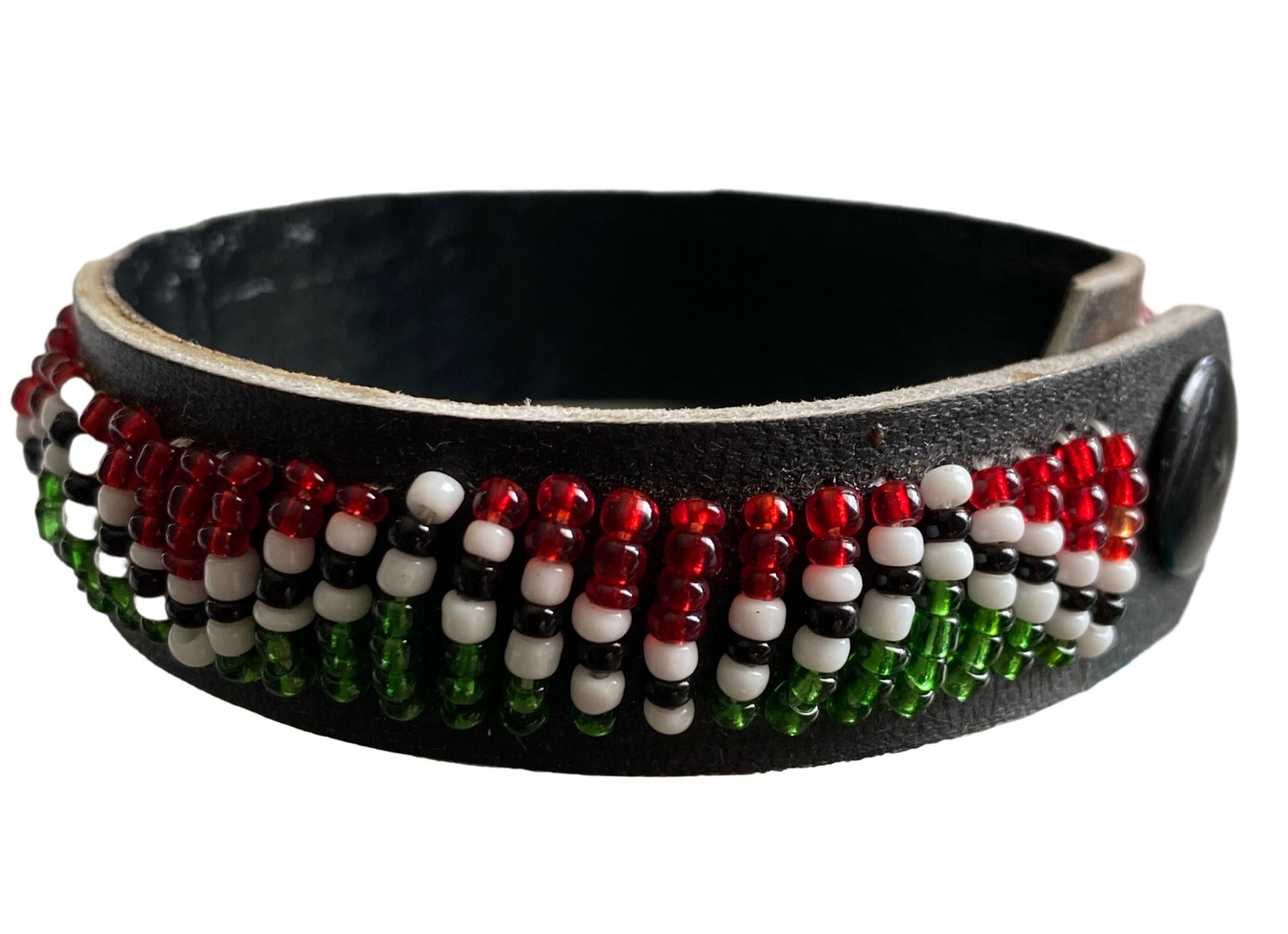 Vtg Maasai Beaded Leather Cuff Bracelet Kenya Flag East African Artisan HandMade
