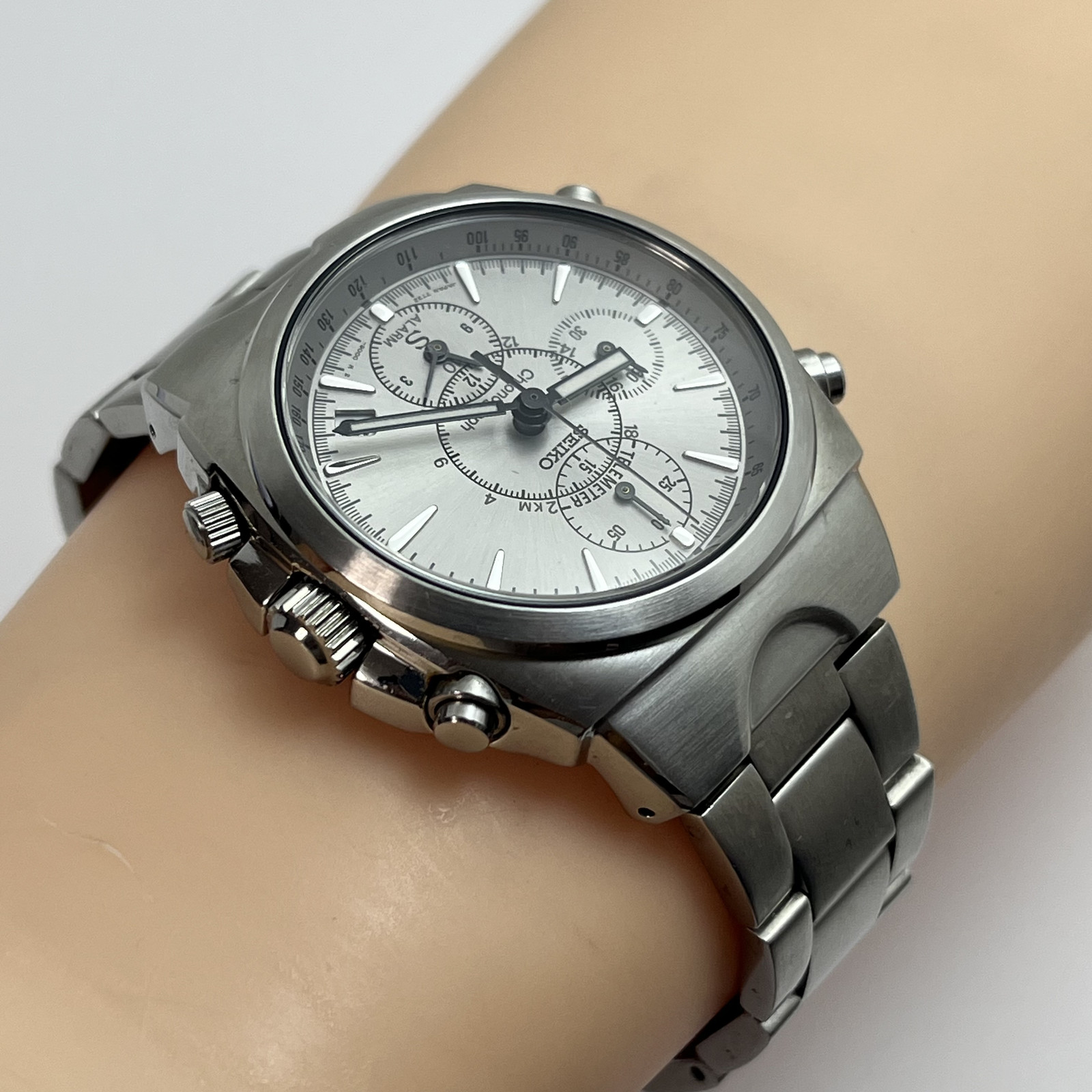 Seiko SUS 7T32 Chronograph Alarm Qz Tachymeter Date Stainless Steel Japan #B854