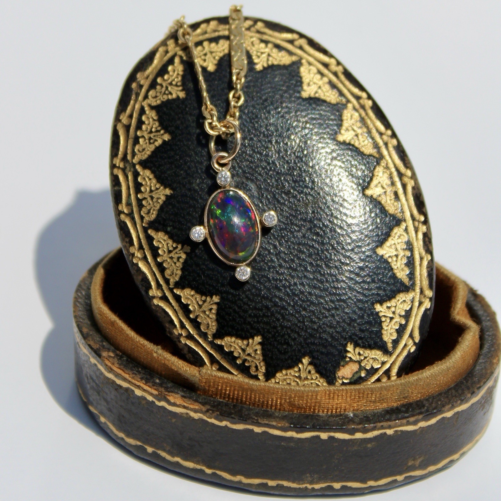 Black Opal Cabochon & Diamond Pendant, 2.12 Carats 14K Gold