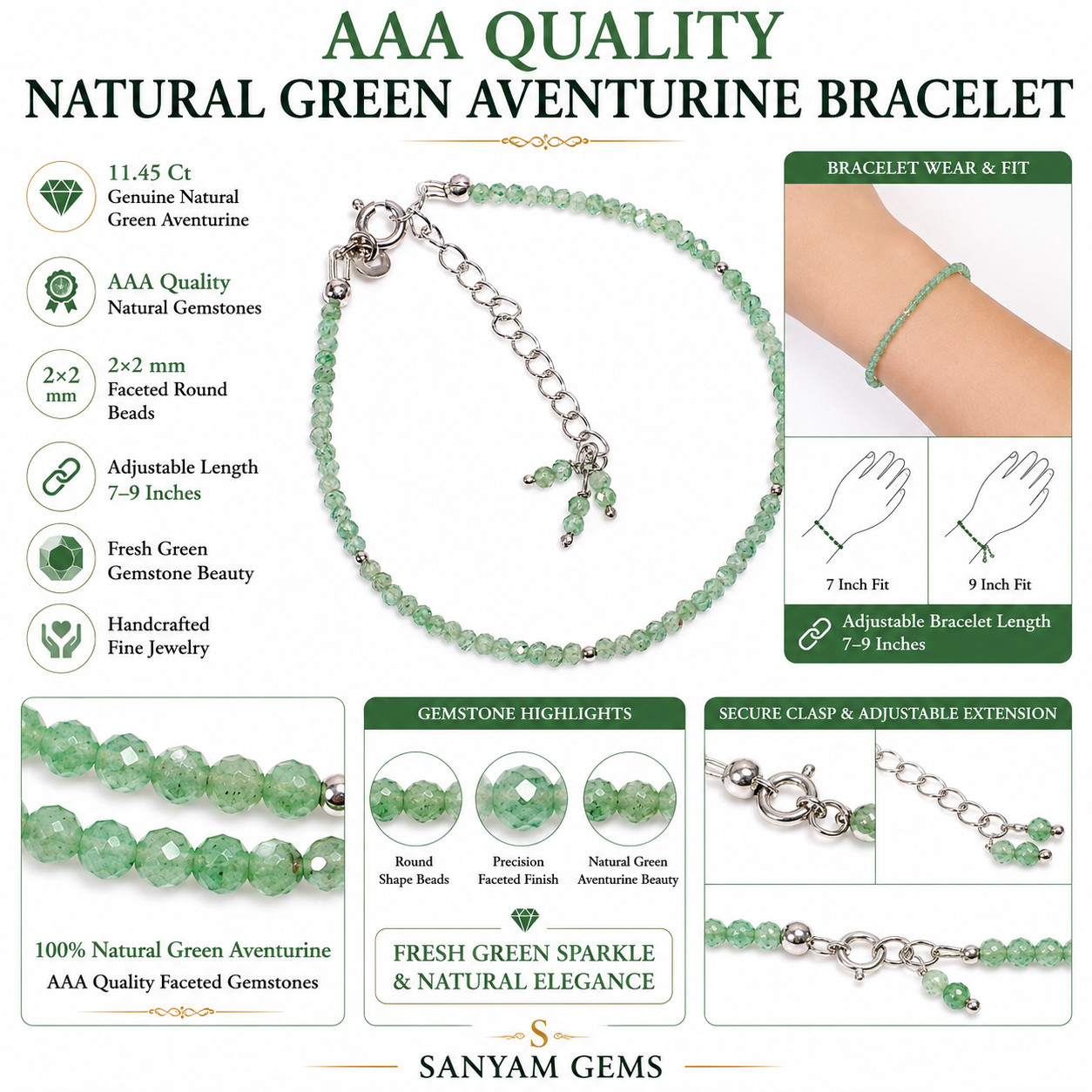 Natural Green Aventurine 925 Sterling Silver Beads Bracelet 7-9″ AAA P-825