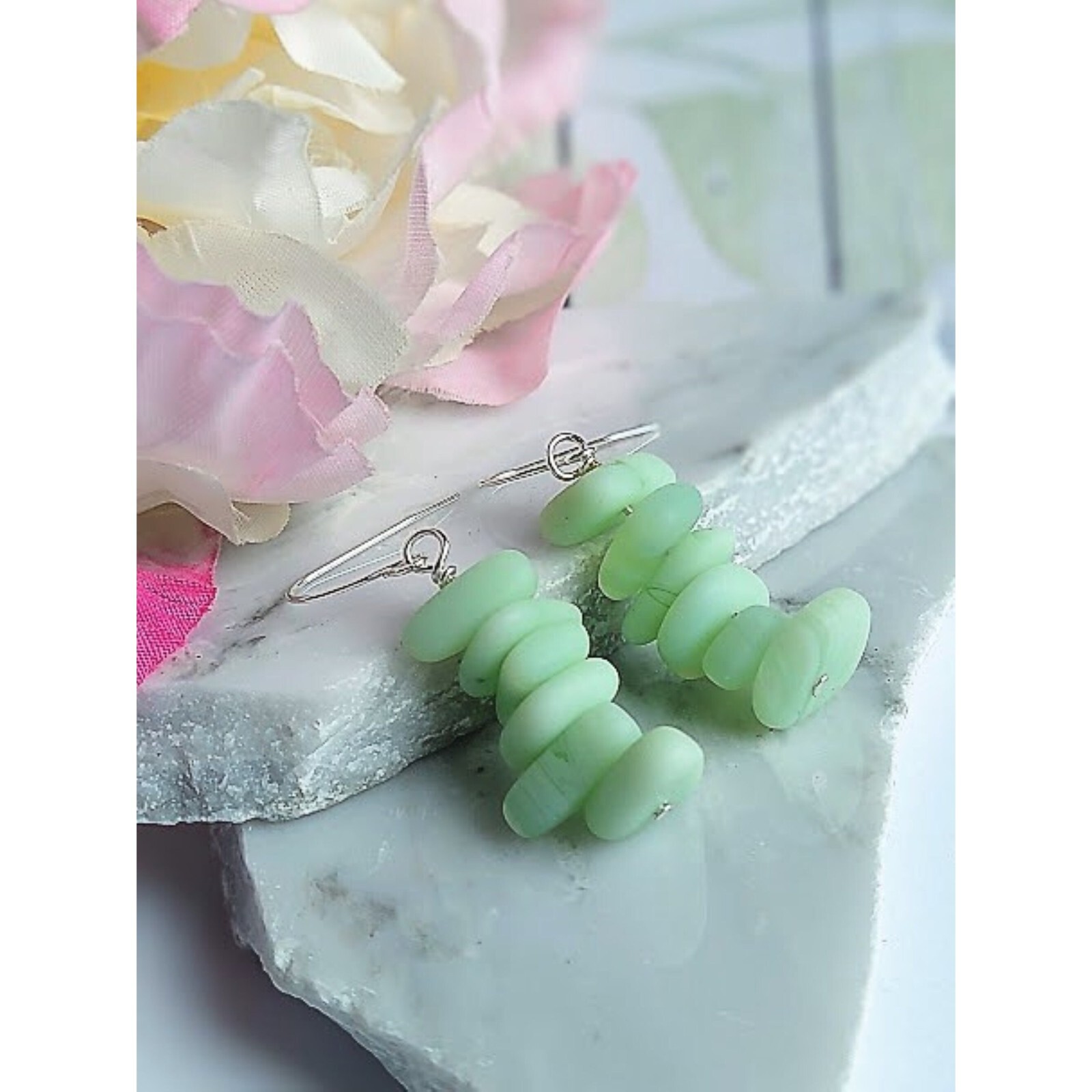 Mint Green Frosted Sea Glass Dangle Earrings Silver Beach Jewelry Gift