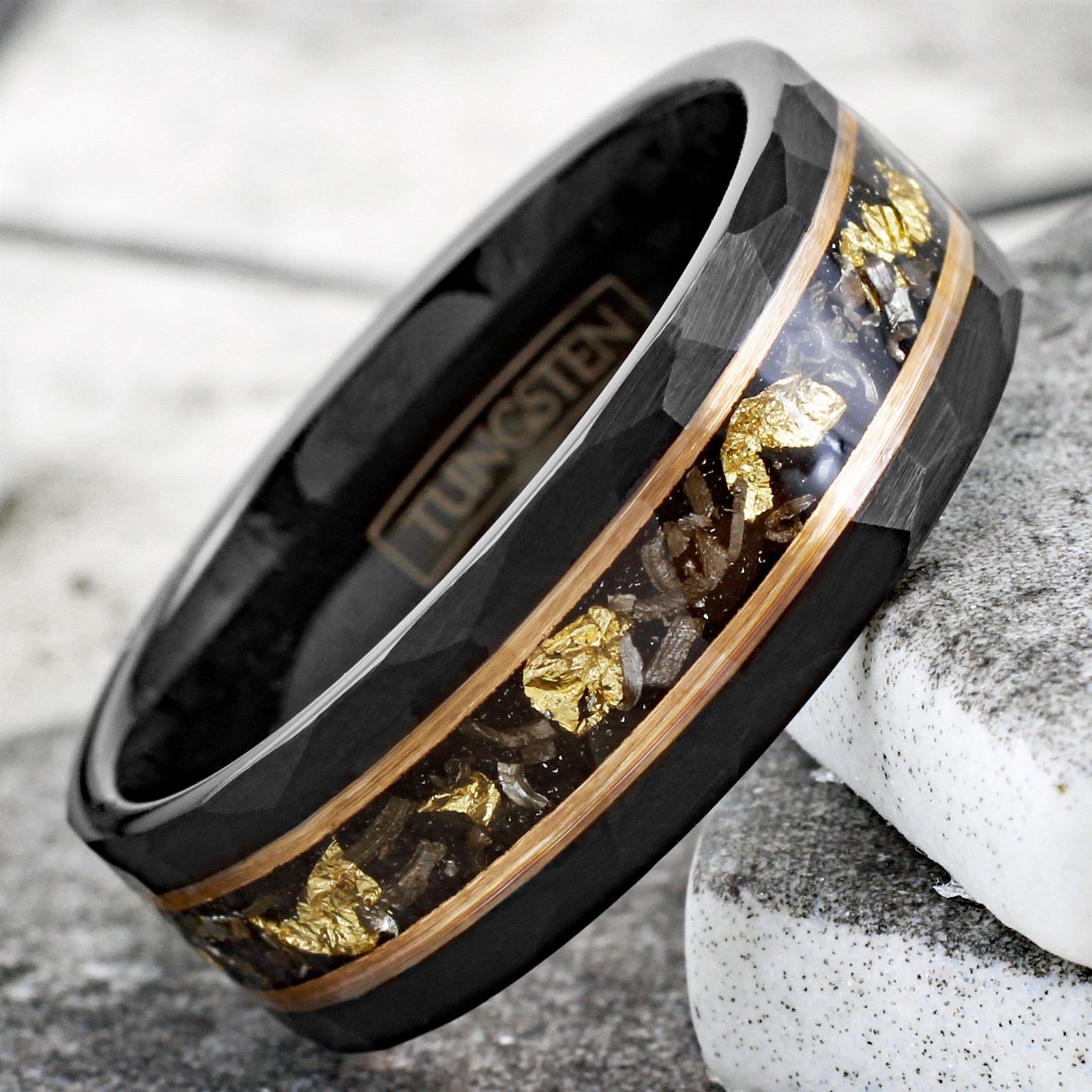 Tungsten Carbide Black Rose Gold Plated Stripe 24K Gold Foil & Meteorite Ring