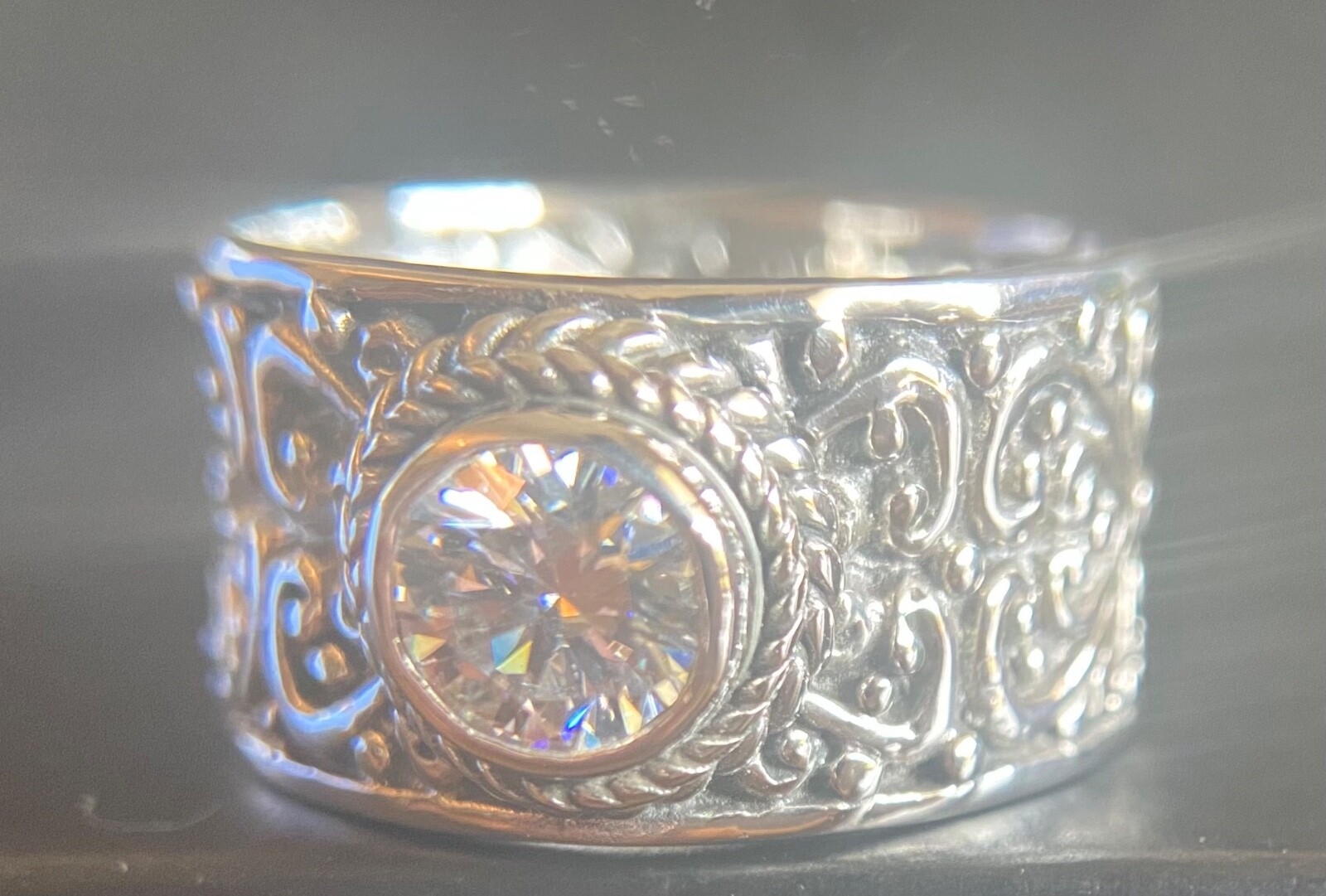 Sarda, Bali Handmade, Moissanite & Sterling, Cigar Band Ring Sz 7.75 ; 9.75