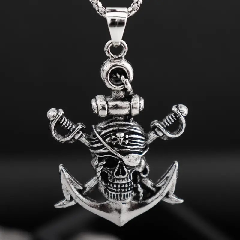 Pirate Skull Anchor Jewelry Vintage Silvery Nautical Ship Pendant Necklace