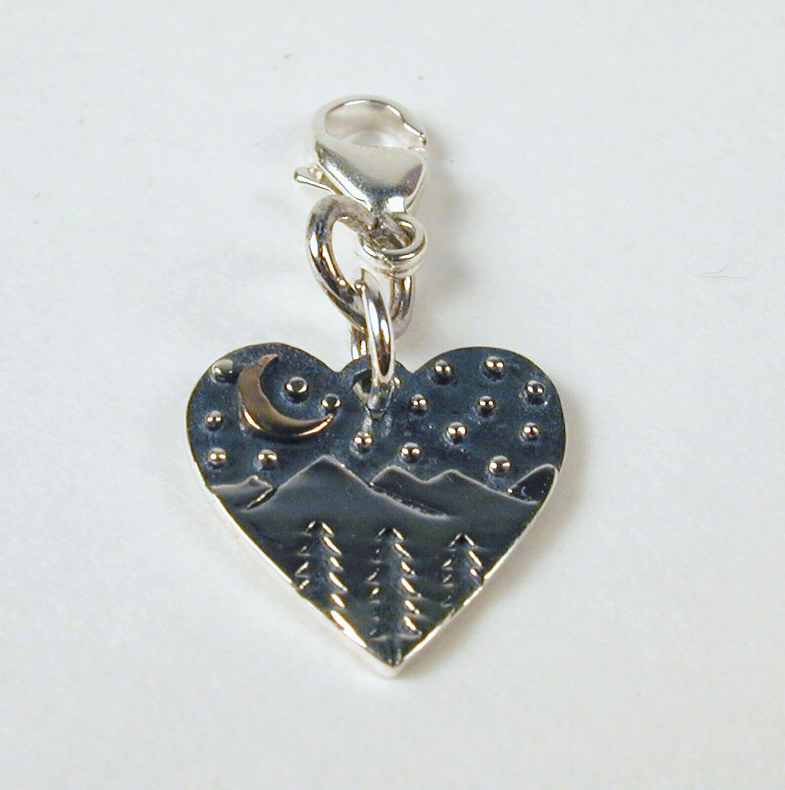 Sterling Silver Heart Charm w/ Mountains & Bronze Moon Free US Shipping