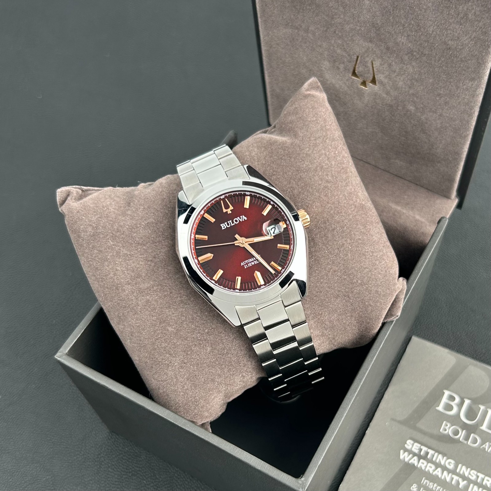 Bulova Surveyor 98B422 Automatic Red Dial Men’s Stainless Steel Watch 39MM