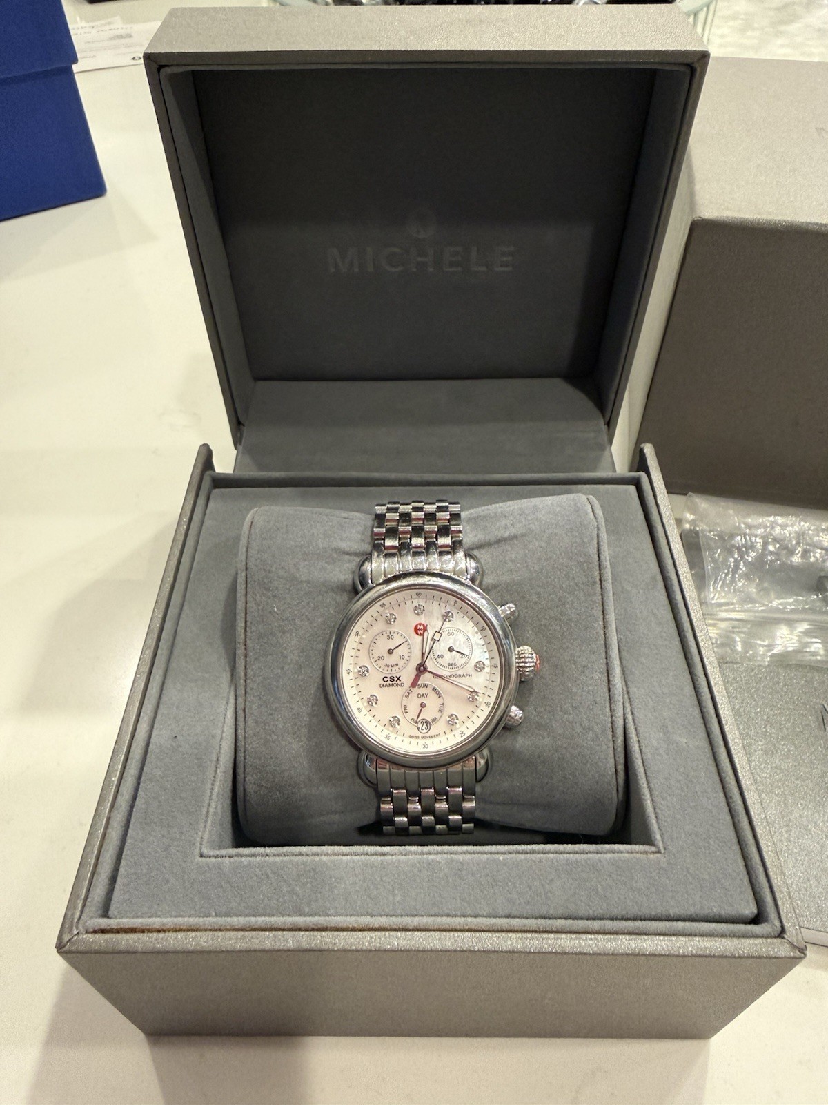 MICHELE CSX Diamond Chronograph Quartz Watch Diamond Markers MOP Dial Box
