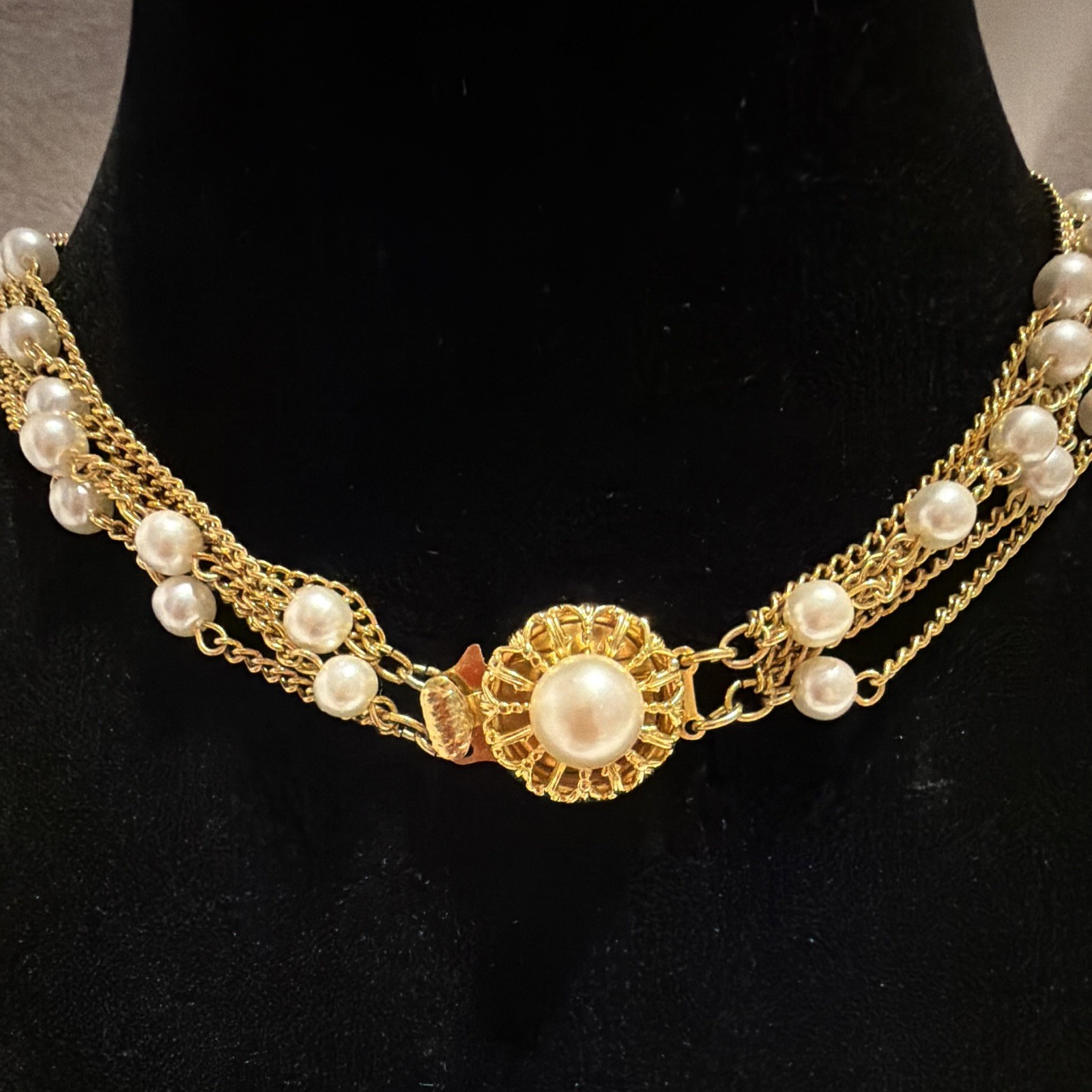 Gold Tone Layered Multi-Strand Chain Necklace w/ Simulated Pearl Station Pendant