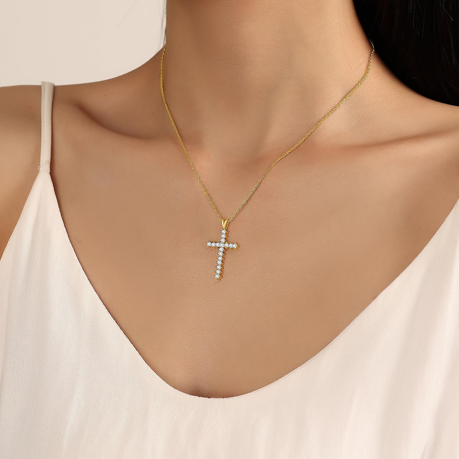Gold Cross Necklace for Women 14K Gold Plated Cubic Zirconia Cross Faith Pendant