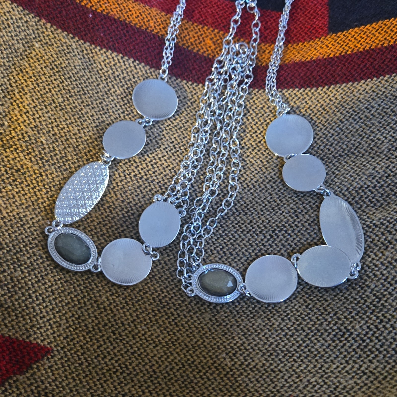 Silver Tone Layered Cable Chain Station Necklace Oval Disc Links Lobster Clasp