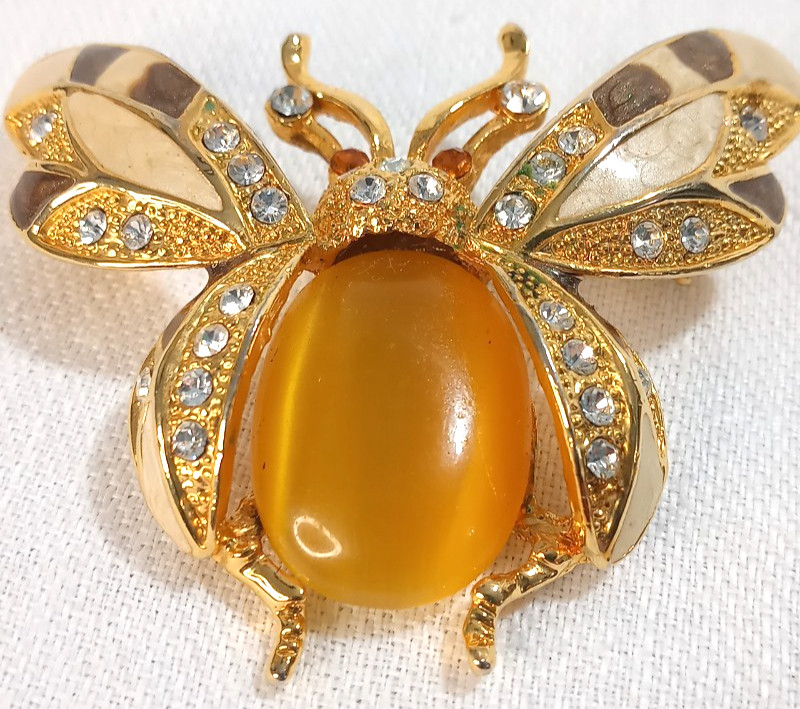 Bee Beetle Pin Brooch Enamel Rhinestones Cabochon Gold Tone Metal 2.5″ STATEMENT