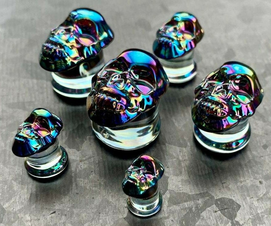 PAIR of Skull Front Pyrex Glass Plugs Gauges Tunnels Body Jewelry