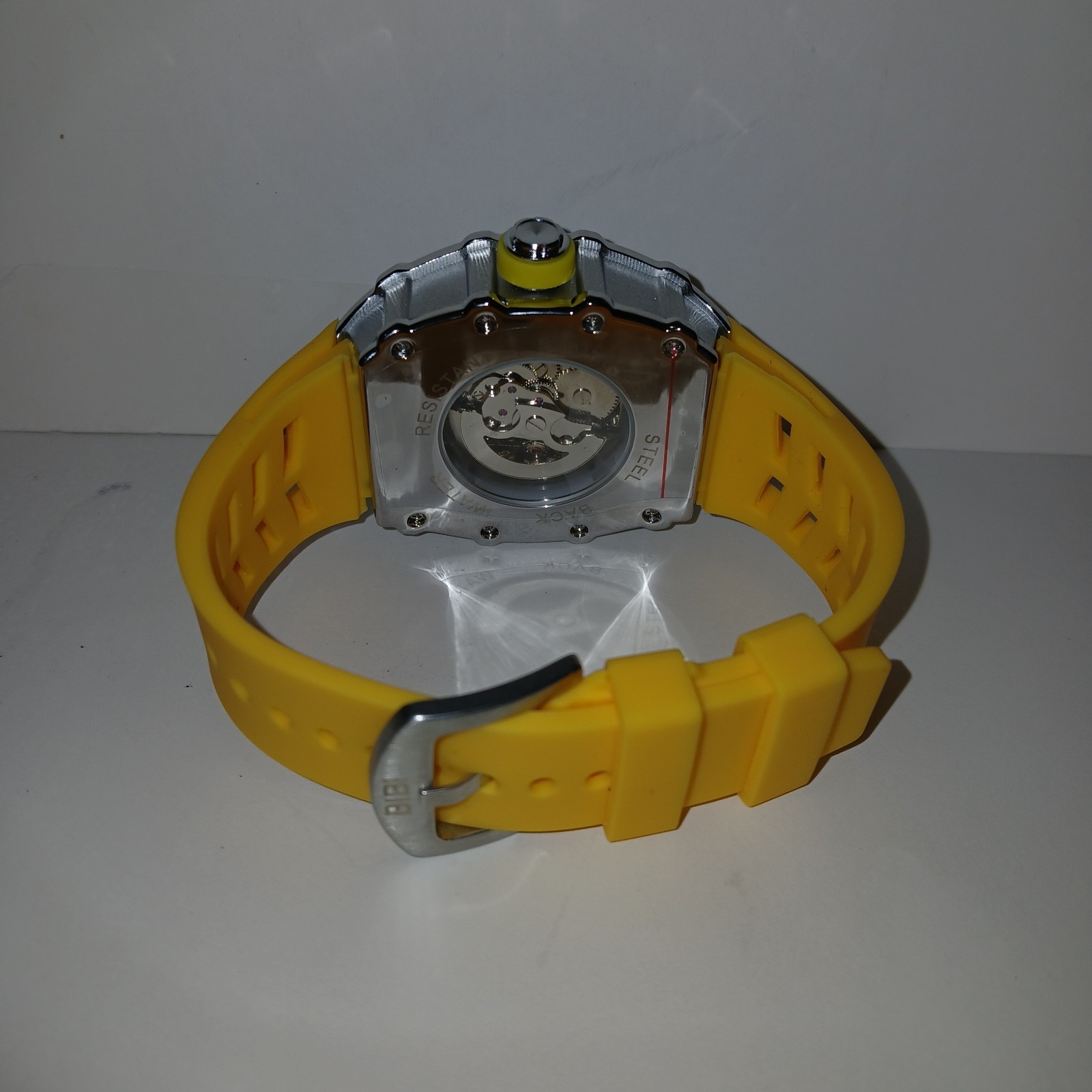BiBi Automatic Watch Grey Yellow Dial Sivler Case Yellow Strap B0395