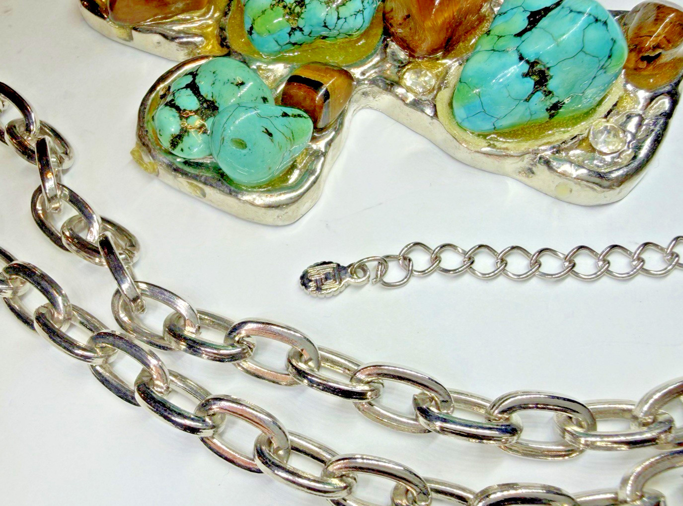 Cross Turquoise & Cat Eye Necklace 32” Silver Tone Chain Made In Asia Trademark